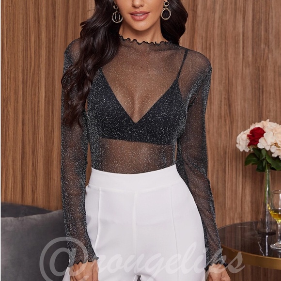 Rouge! Tops - Black Lurex Glitter Mesh Lettuce Trim Collar Long Sleeve Pullover Top Shirt